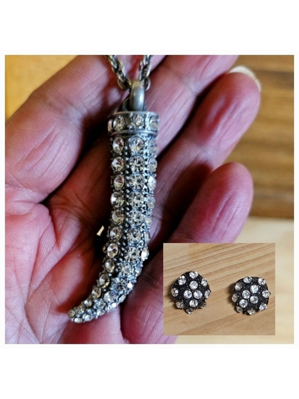 Vintage Ladies Pavé Crystal Horn with Chain and Pierced Earrings